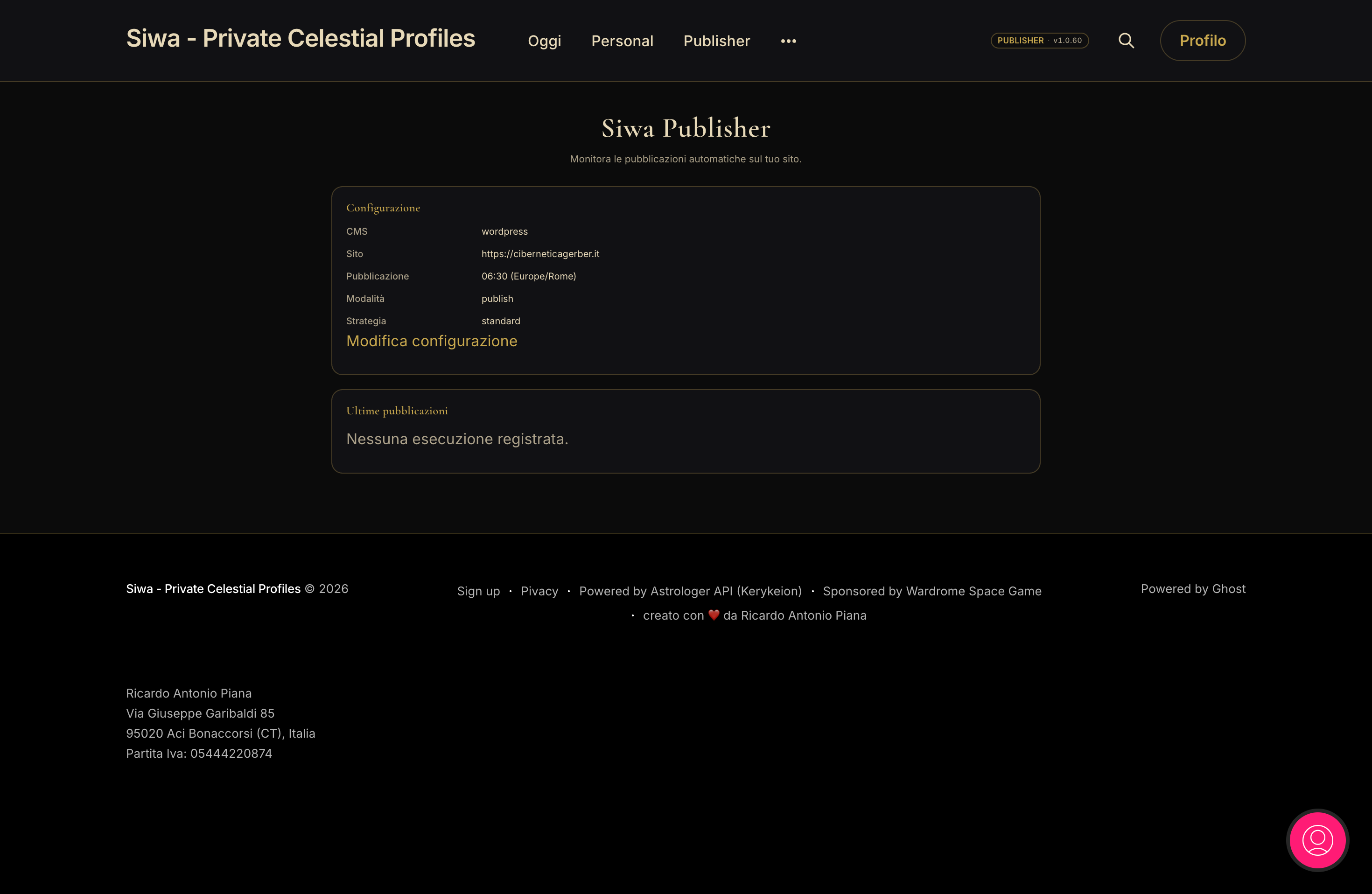 Dashboard Siwa Publisher con configurazione CMS e ultime pubblicazioni