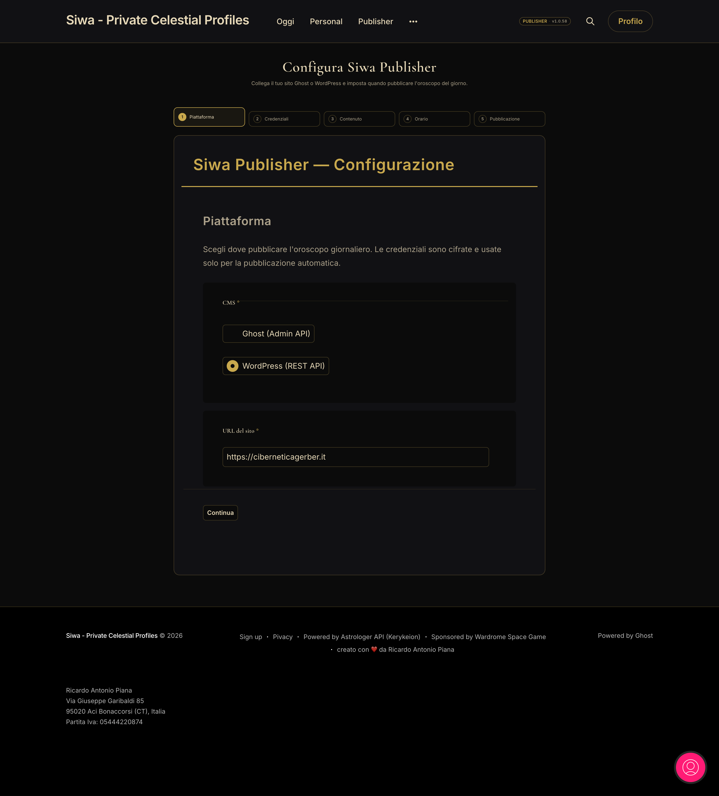 Onboarding Siwa Publisher: scelta piattaforma Ghost o WordPress e URL del sito