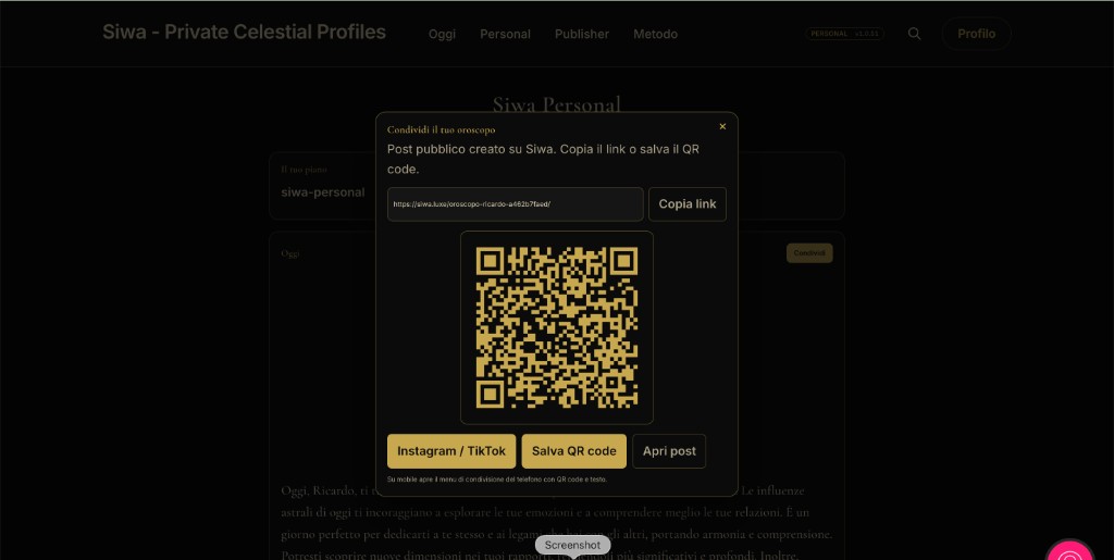 Modale condivisione oroscopo con link pubblico e QR code
